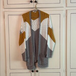Roxy Chevron Knit Cardigan in Mustard, Gray, and White